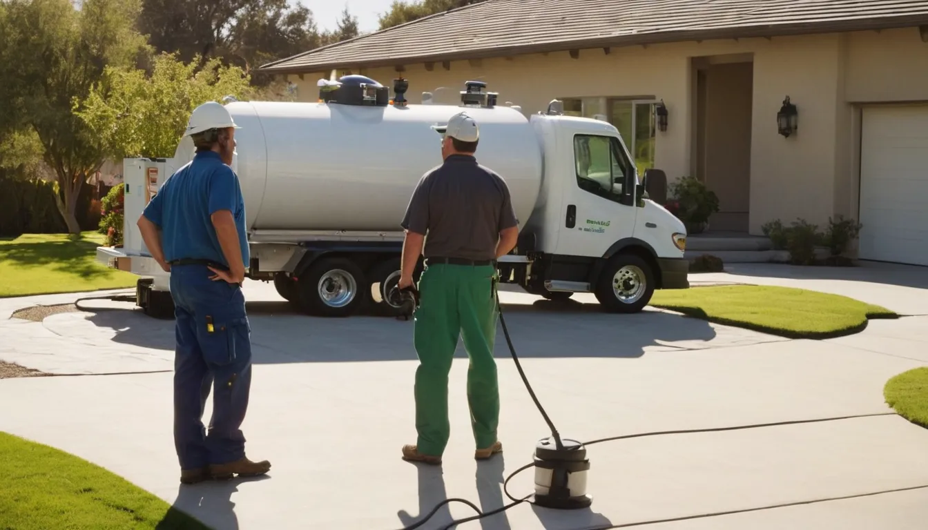Friendly septic provider and homeowner talking beside a pumping truck outside a stucco ranch home in Fremont